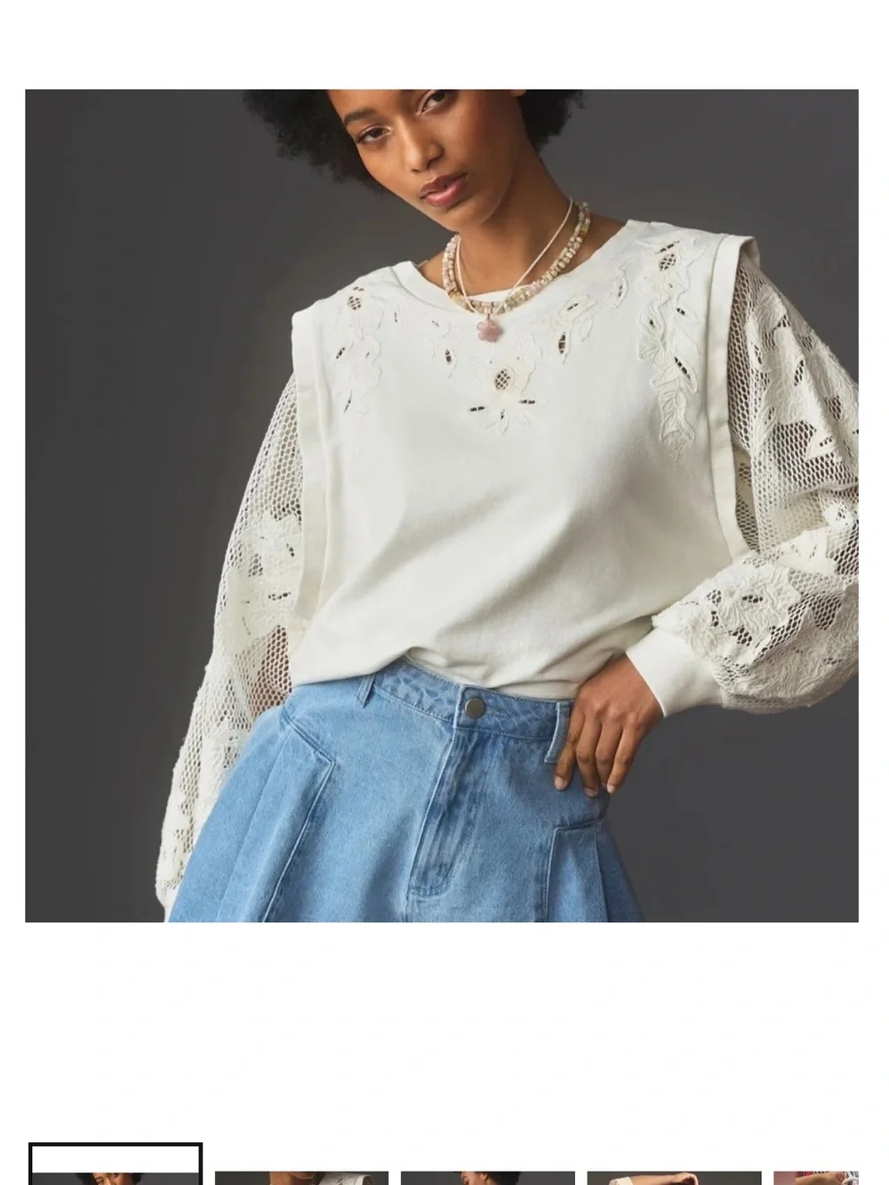 Anthropologie Cream Crochet-Sleeve Embroidered Sweatshirt